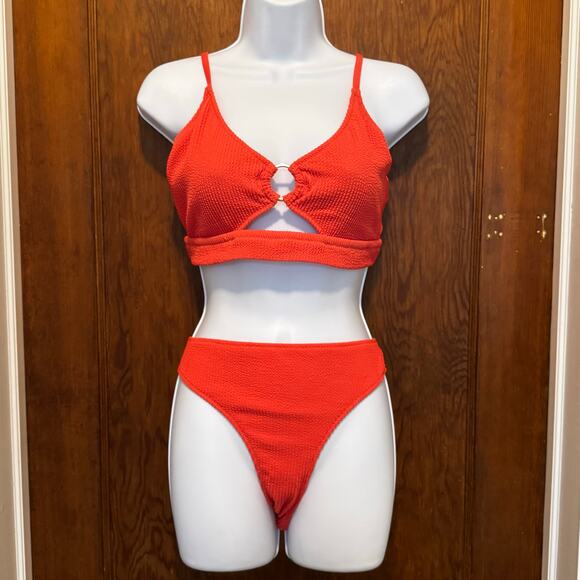 NWT Aerie Scoop Circle Top Crinkle Bikini Bottom XXL‎ Coral Resort Red - Picture 1 of 7